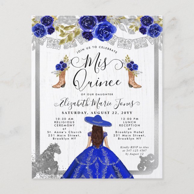 Papier Budget Floral Royal Bleu Argent Charra Quinceanera (Devant)