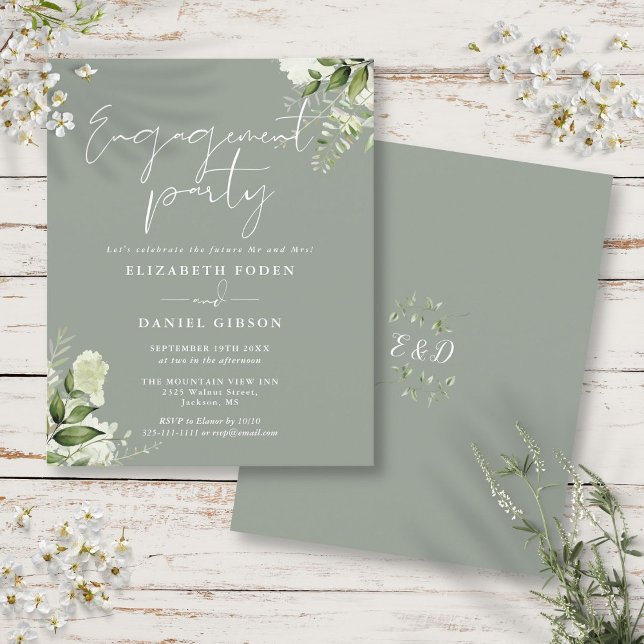 Papier Budget Floral Sage Green Engagement Invitation (Budget Floral Sage Green Engagement Party Invite)