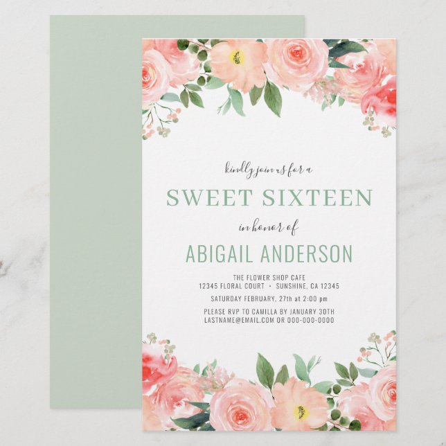 Papier Budget Floral Sage Sweet 16 Anniversaire Invitatio (Devant / Derrière)