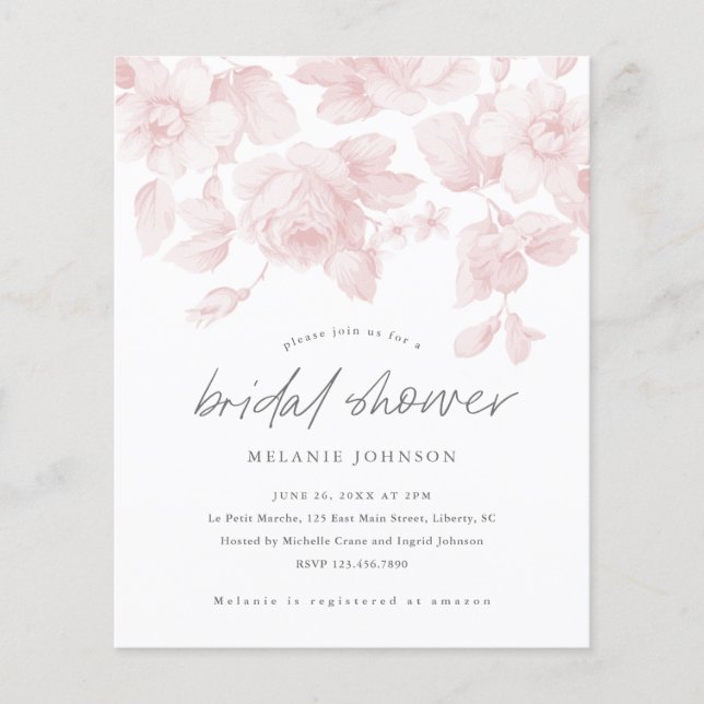 Papier Budget Floral Script rose nuptiale Invitation (Devant)