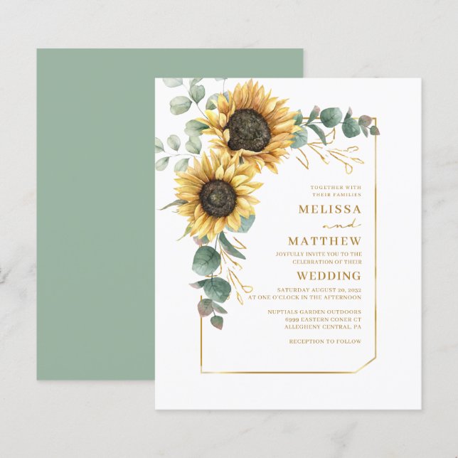 Papier Budget Floral Tournesol Eucalyptus Mariage Invitat (Devant / Derrière)