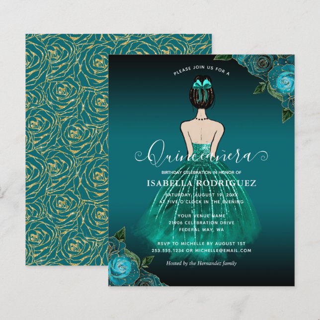 Papier Budget Floral Turquoise Princesse Or Quinceañera (Devant / Derrière)