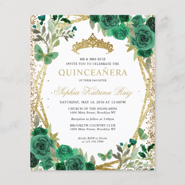 Papier Budget Floral Vert or Tiara Quinceañera Invitation (Devant)