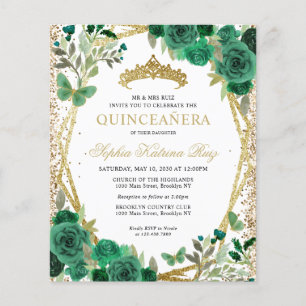 Papier Budget Floral Vert or Tiara Quinceañera Invitation