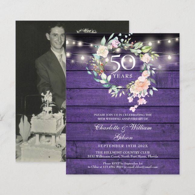 Papier Budget Floral Wood 50e anniversaire Invitation pho (Devant / Derrière)