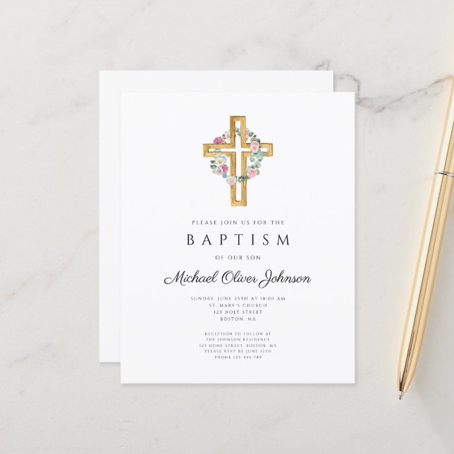 Papier Budget Floral Wreath Cross Baptism Invitation (Devant/Arrière en situation)