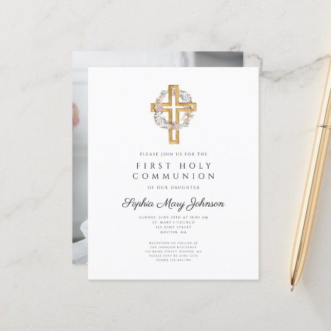 Papier Budget Floral Wreath Photo Girl First Communion (Devant/Arrière en situation)