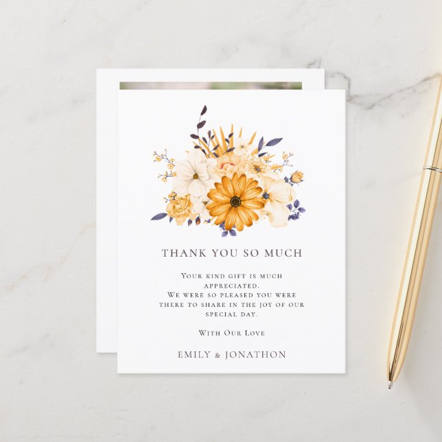Papier BUDGET Florales Jaunes Citation Mariage 3 Photo Me (Devant/Arrière en situation)