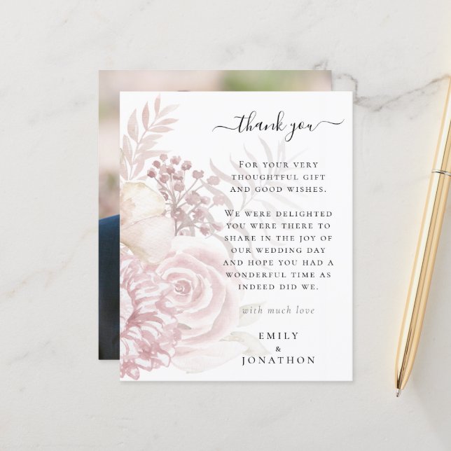 Papier Budget Florales rose Mariage photo Merci (Devant/Arrière en situation)