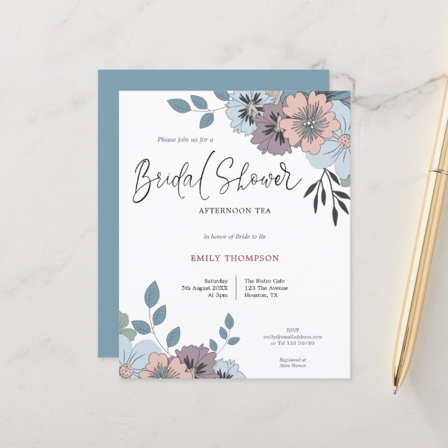 Papier Budget Florals Script Fête des mariées Thé Invitat (Devant/Arrière en situation)