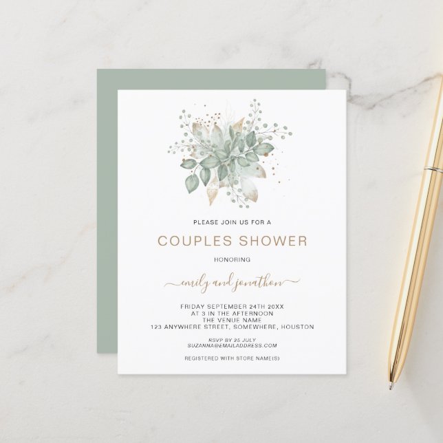 Papier Budget Foliage Gold Sage Couples Douche Invitation (Devant/Arrière en situation)