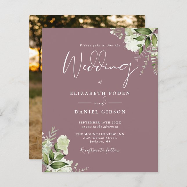 Papier Budget Foliage Mauve Faire-part de mariage photo (Devant / Derrière)