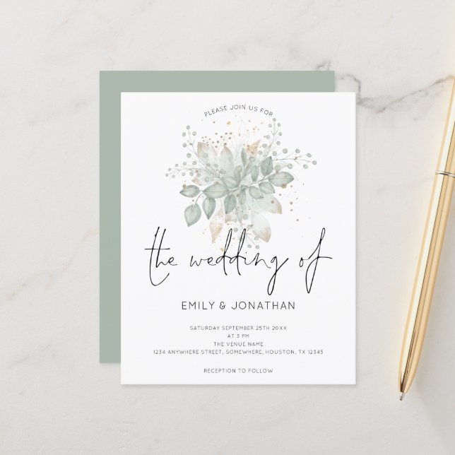Papier Budget Foliage Sage Green Gold Faire-part de maria (Devant/Arrière en situation)