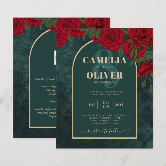 Papier BUDGET ForêtVert ROUGE Roses d'hiver Mariage INVIT (Devant / Derrière)