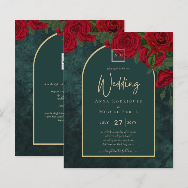 Papier BUDGET ForêtVert ROUGE Roses d'hiver Mariage INVIT (Devant / Derrière)