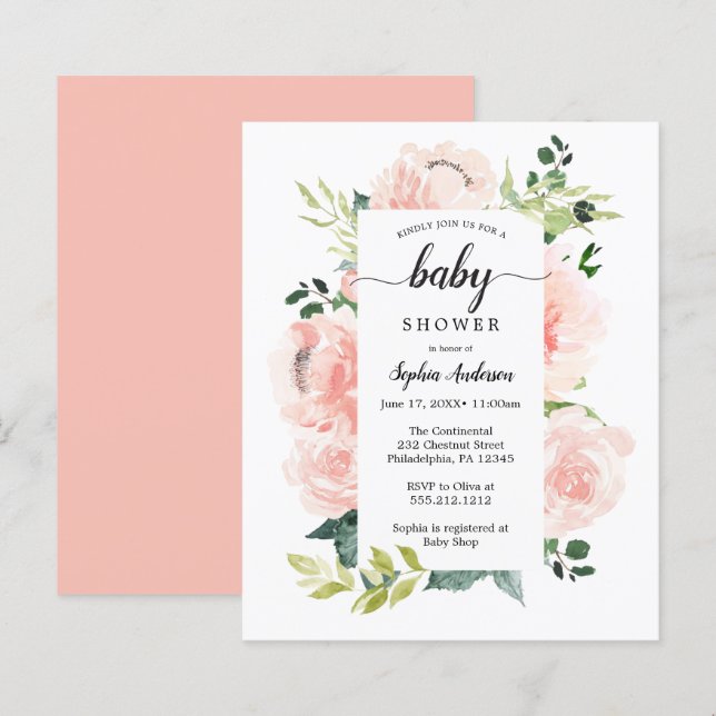 Papier Budget Friendly Fleur Jolie Baby shower Invitation (Devant / Derrière)