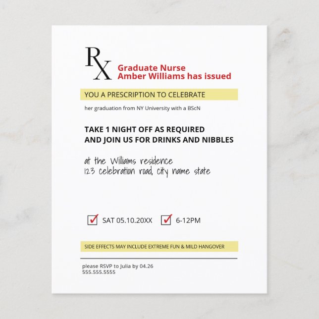 Papier Budget Fun Novelty Prescription Nurse Grad Invitat (Devant)