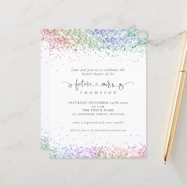 Papier Budget Futur Mme Rainbow Parties scintillant Fête  (Devant/Arrière en situation)