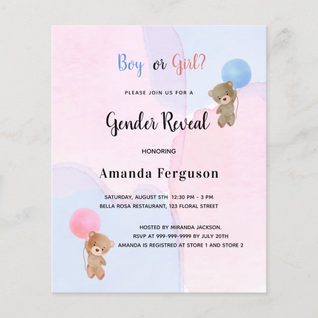 Papier Budget genre révéler l'ours en peluche bleu rose (Devant)