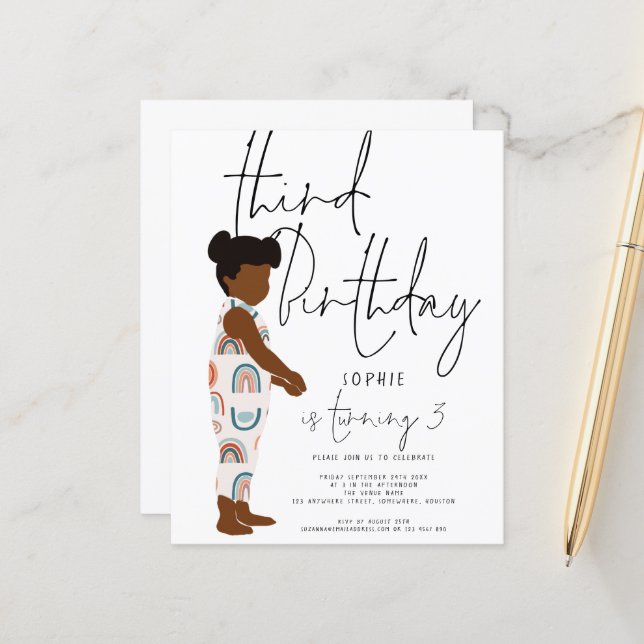 Papier Budget Girl Dark Hair 3e anniversaire invitation (Devant/Arrière en situation)