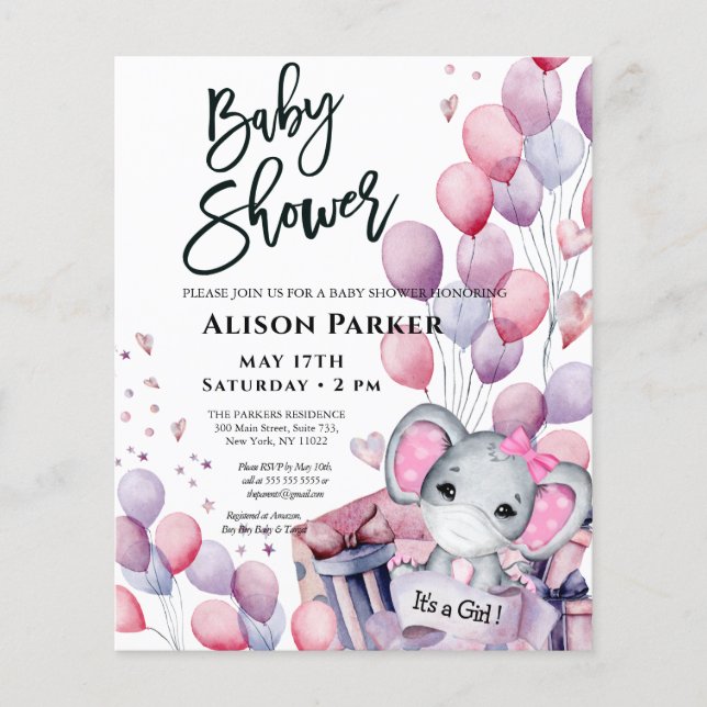 Papier BUDGET Girl Elephant mignonne Baby shower Invitati (Devant)