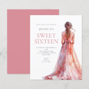 Papier Budget Girl in Pink Gown Sweet 16 Anniversaire inv