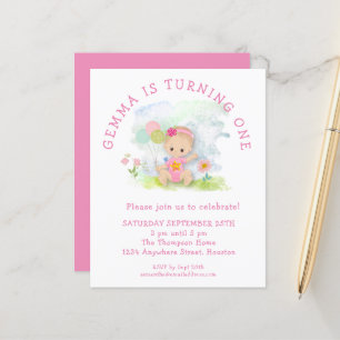 Papier Budget Girl rose 1er anniversaire Invitation de fê