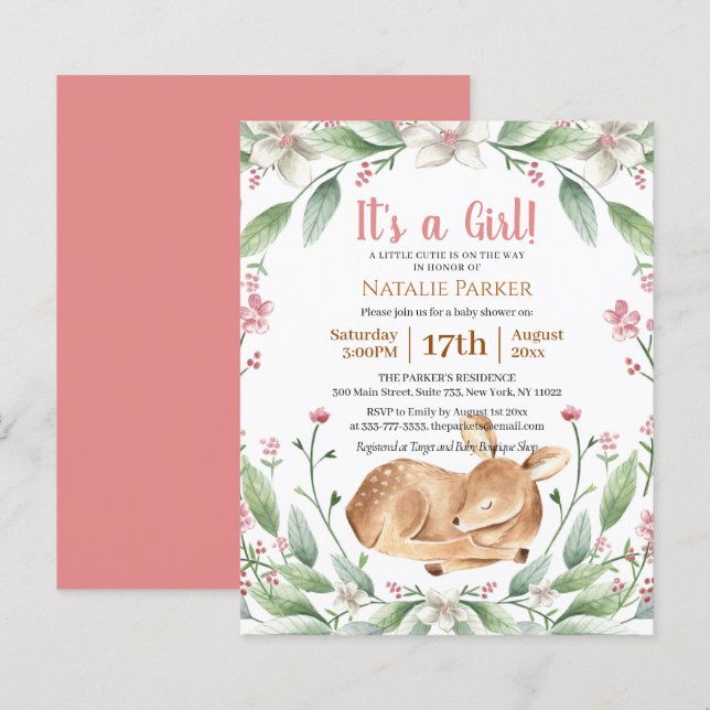 Papier Budget Girl Woodland Deer Sage Baby shower floral (Devant / Derrière)