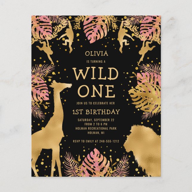Papier Budget Girls 1er anniversaire Pink Black Safari In (Devant)