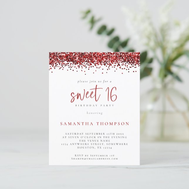 Papier Budget Girly Red Parties scintillant Sweet 16 Invi (Debout devant)