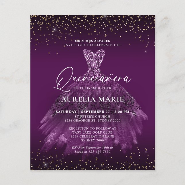 Papier Budget Glam Gold Purple Princesse Robe Quinceanera (Devant)