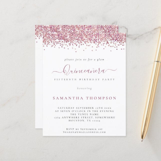 Papier Budget Glam Parties scintillant rose Quinceañera I (Devant/Arrière en situation)