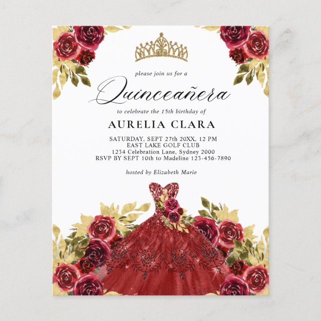 Papier BUDGET Glam Robe rouge Floral 15e Quinceañera (Devant)