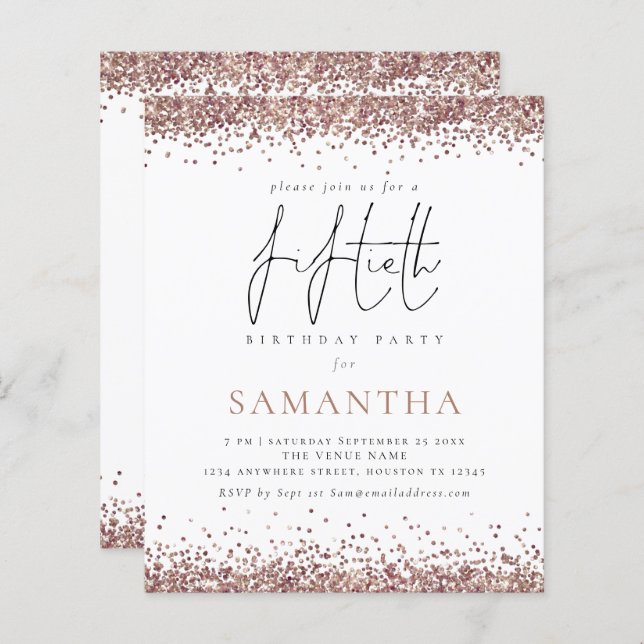 Papier Budget Glam Rose Gold Parties scintillant Invitati (Devant / Derrière)