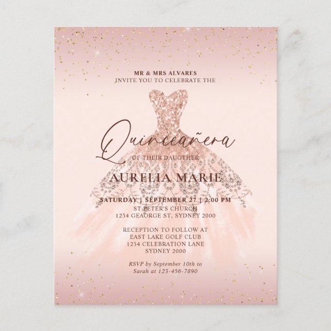 Papier Budget Glam Rose Gold Princesse robe Quinceanera (Devant)