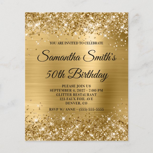 Papier Budget Glittery Gold Glam 50e anniversaire Invitat (Devant)