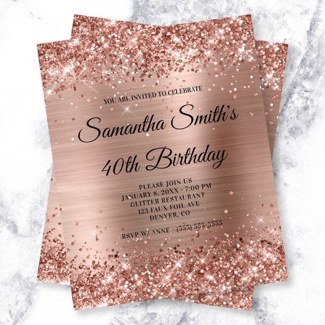 Papier Budget Glittery Rose Gold Foil Anniversaire Invita (Glittery Rose Gold Glam Birthday Budget Invite)