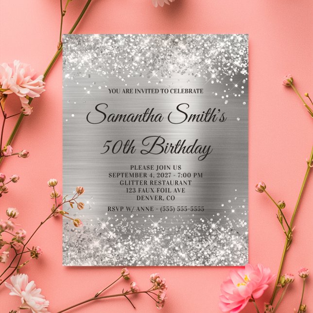 Papier Budget Glittery Silver Foil 50e anniversaire Invit (Budget Glittery Silver Foil 50th Birthday Invite)