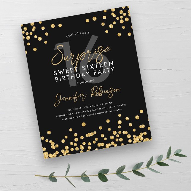 Papier Budget Gold Black Confetti Surprise Sweet 16 (Budget Gold Black Confetti Surprise Sweet 16 )