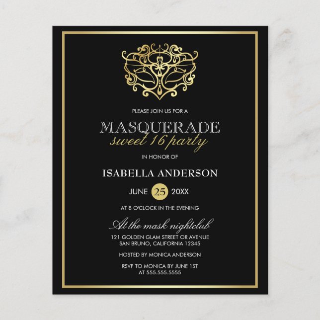 Papier Budget Gold & Black Masquerade Sweet 16 Party (Devant)