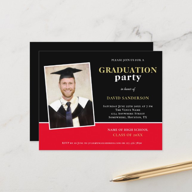 Papier Budget Gold Black Red Photo Grad Party Invitation (Devant/Arrière en situation)