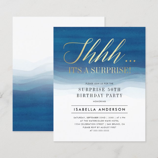 Papier Budget Gold & Blue Watercolor Surprise Anniversair (Devant / Derrière)