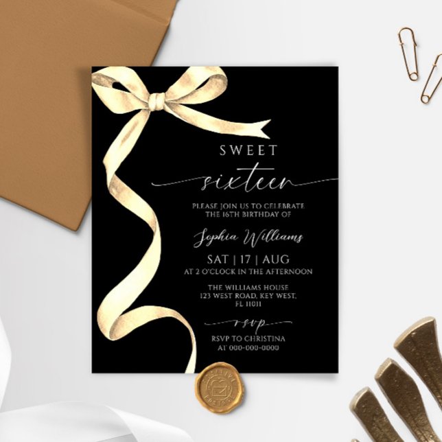 Papier Budget Gold Bow Sweet 16 Anniversaire Invitation (Créateur téléchargé)