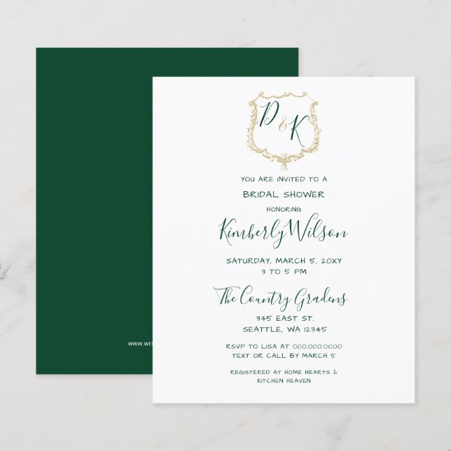 Papier Budget Gold Crest Green Bridal Show Invitation (Devant / Derrière)