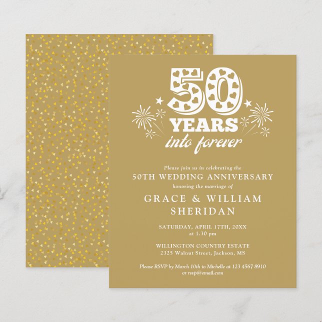 Papier Budget Gold en Forever 50e anniversaire Invitation (Devant / Derrière)