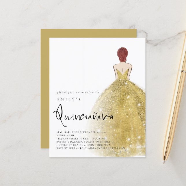 Papier Budget Gold Gown fille Auburn cheveux QR Quinceañe (Devant/Arrière en situation)