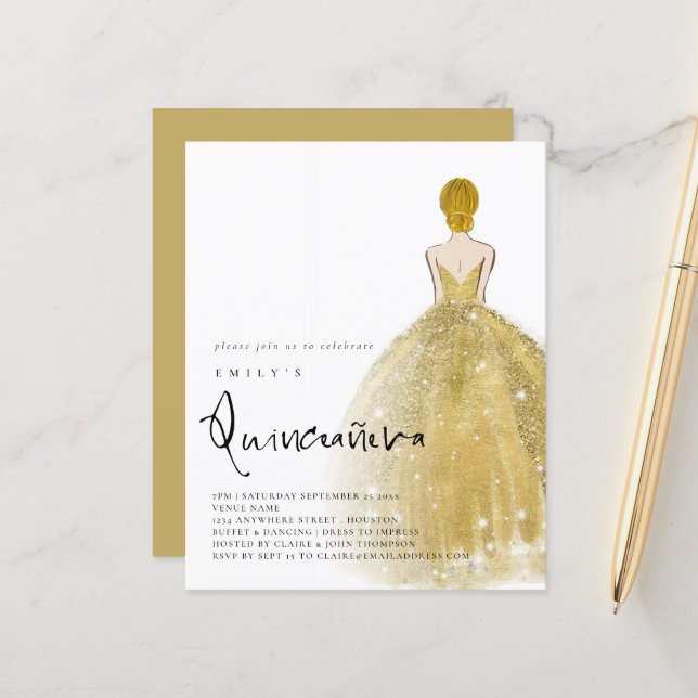 Papier Budget Gold Gown fille Blonde cheveux QR Quinceañe (Devant/Arrière en situation)