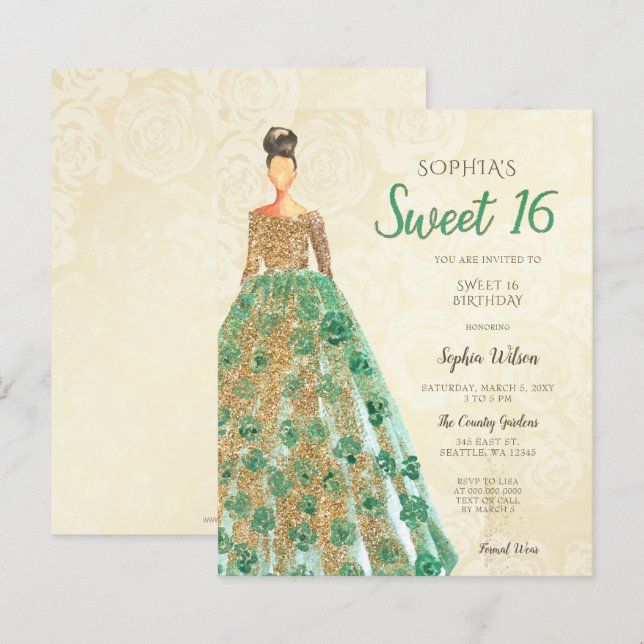 Papier Budget Gold Green Robe Sweet 16 Invitation (Devant / Derrière)