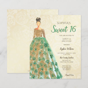 Papier Budget Gold Green Robe Sweet 16 Invitation