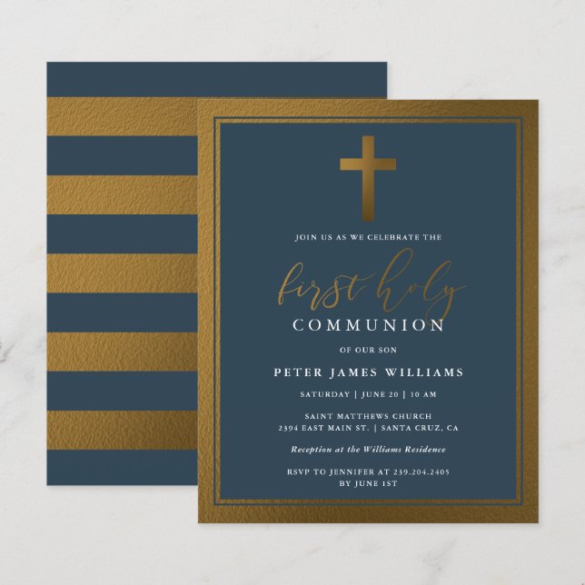 Papier Budget Gold & Marine Blue First Holy Communion (Devant / Derrière)